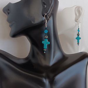 Handmade Turquoise Stone Cross Earrings with Blue Black and Gray Beads NWT
